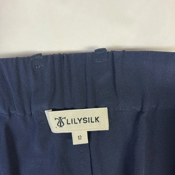 LilySilk Timeless Pleated 100% Silk Wide Leg Trousers Navy Blue Size 12 NWT!